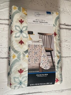 Mainstays Floral Tile PEVA Tablecloth in Teal, Yellow & Red Accents 60”wx102”L
